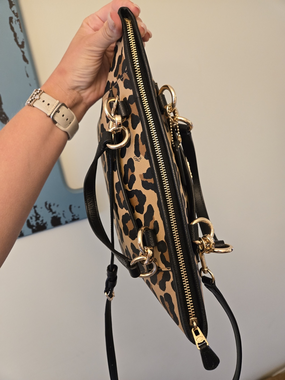 Coach Leopard-Print Leather Tote in Tan and Black with Gold Hardware - Picture 7 of 9